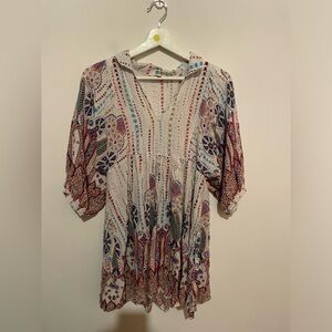 Umgee Orange‎ Tan Tie Front Embellished Tunic boho size small